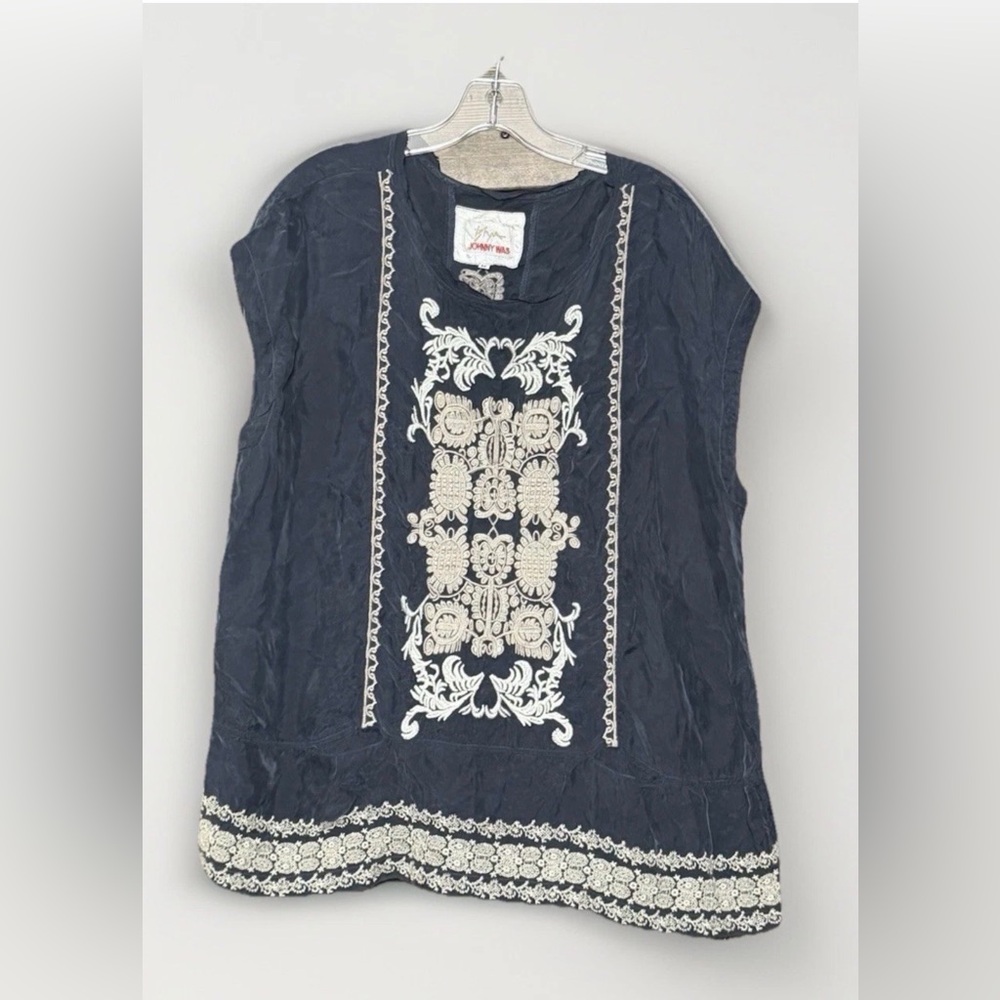 Johnny Was Biya Embroidered Cupra Tunic Blue Placement Boho Top M